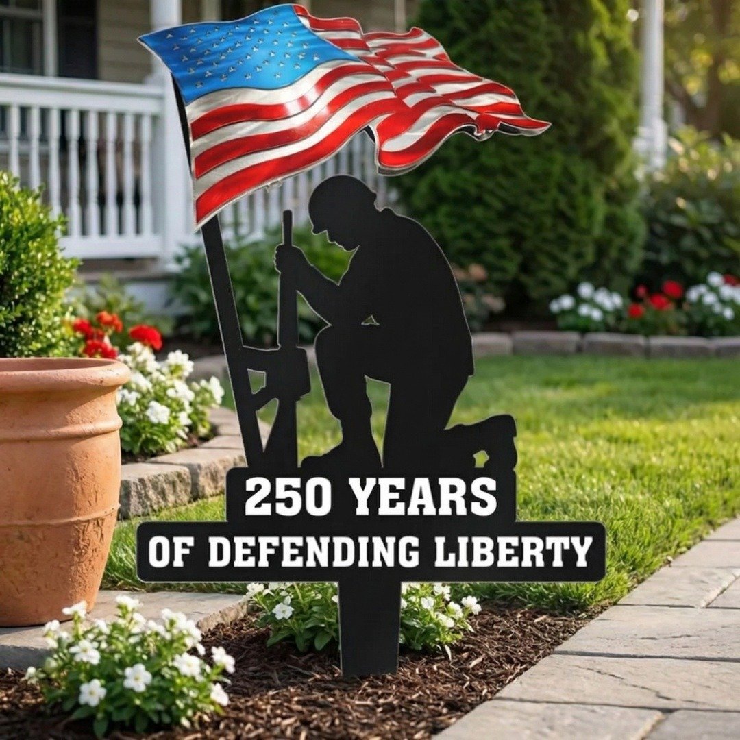 250 Years of Defending Liberty metal garden stake displayed outdoors