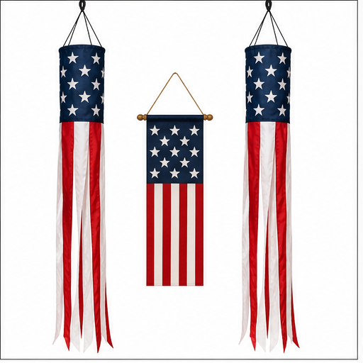 3 Piece Patriotic Porch Decor Set with 2 American Flag Windsocks and Front Door Hanger