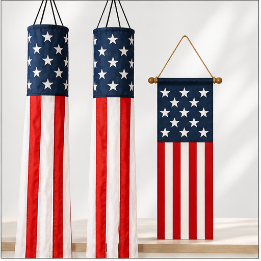 3 Piece Patriotic Porch Decor Set with 2 American Flag Windsocks and Front Door Hanger - Image 2