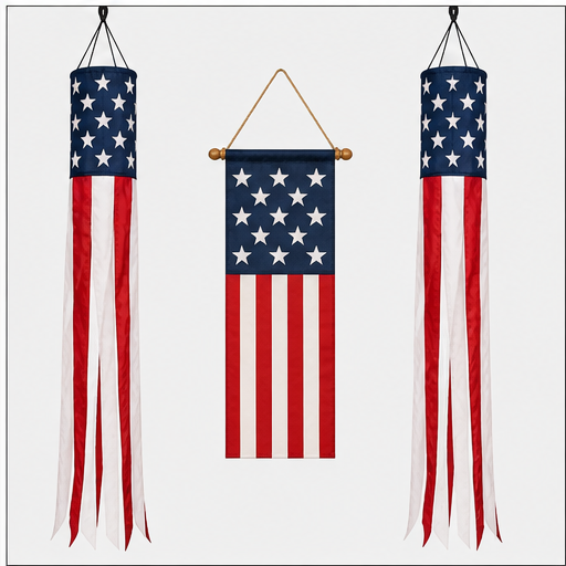 3 Piece Patriotic Porch Decor Set with 2 American Flag Windsocks and Front Door Hanger - Image 5